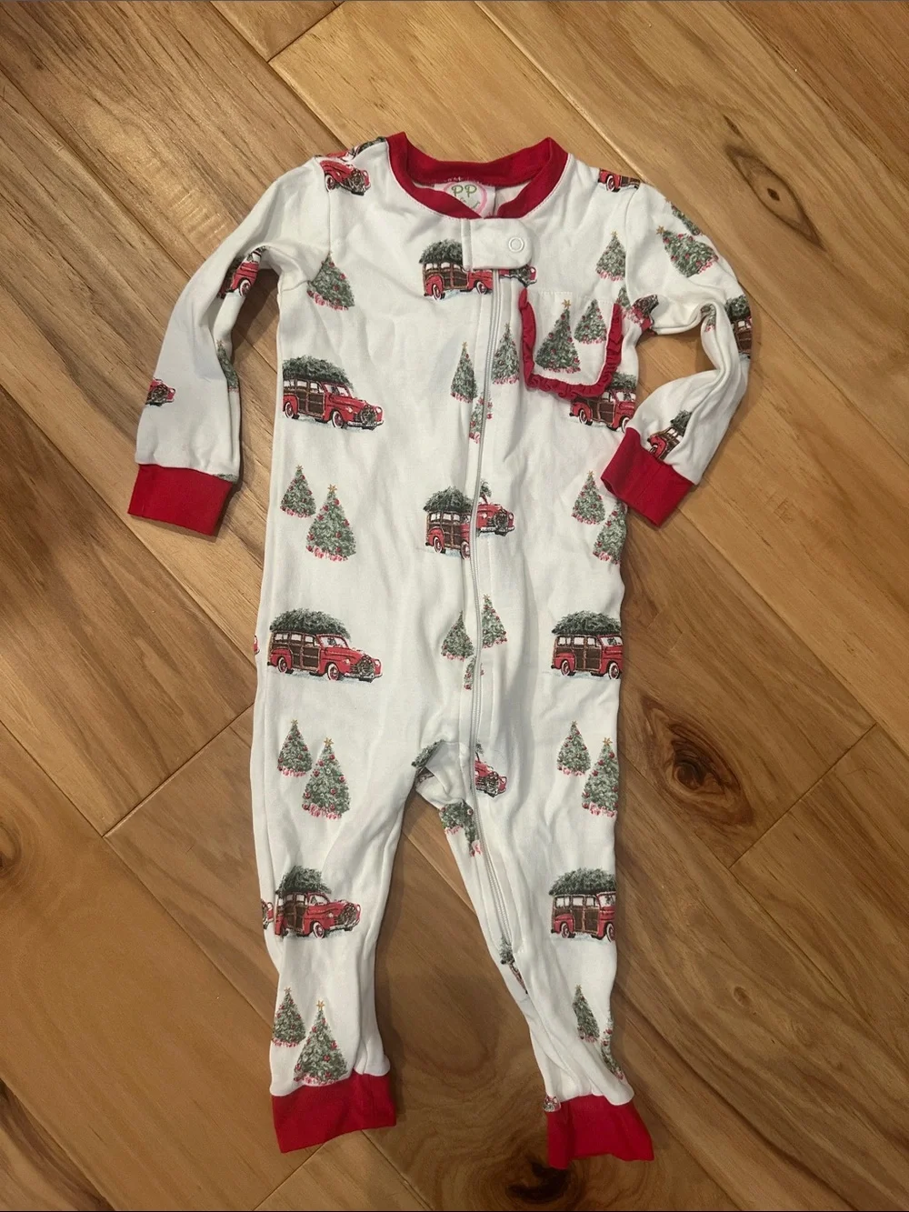 White & Red Vintage Truck Christmas Footed Pajamas by Posh Pickle Company